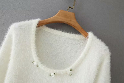 Knit Puff Sleeve Flower Decoration Sweaters