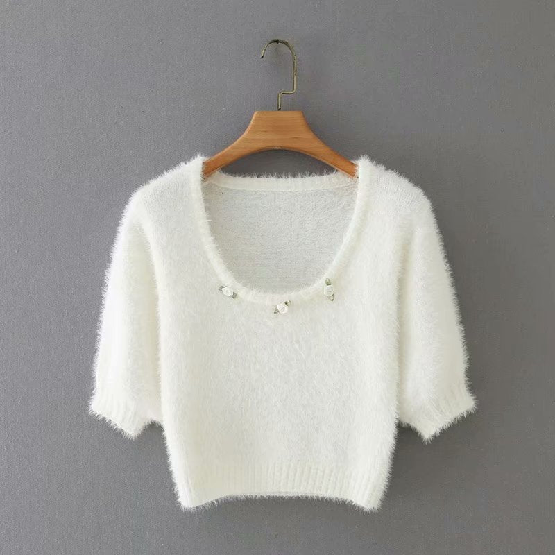 Knit Puff Sleeve Flower Decoration Sweaters