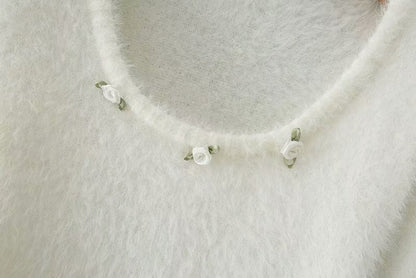 Knit Puff Sleeve Flower Decoration Sweaters