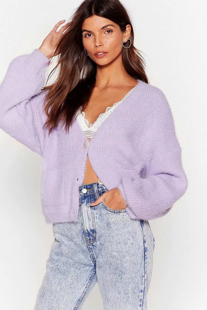 Knit V-neck Single-breasted Lantern Sleeve Cardigans
