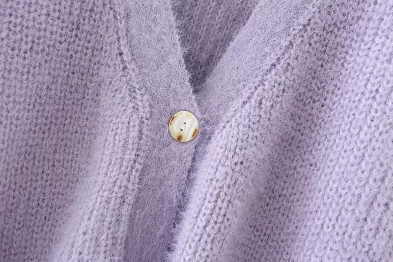Knit V-neck Single-breasted Lantern Sleeve Cardigans