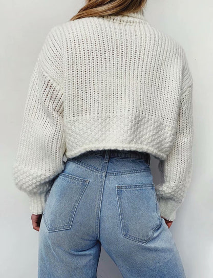 Knit Lantern Sleeve High Collar Crop Tops Sweaters