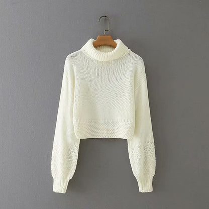Knit Lantern Sleeve High Collar Crop Tops Sweaters