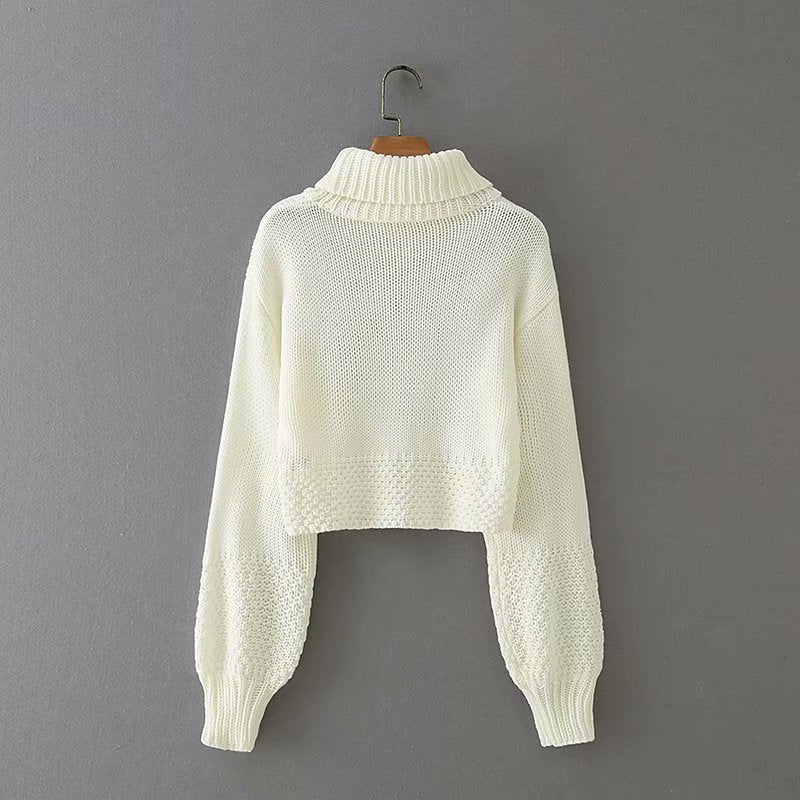 Knit Lantern Sleeve High Collar Crop Tops Sweaters