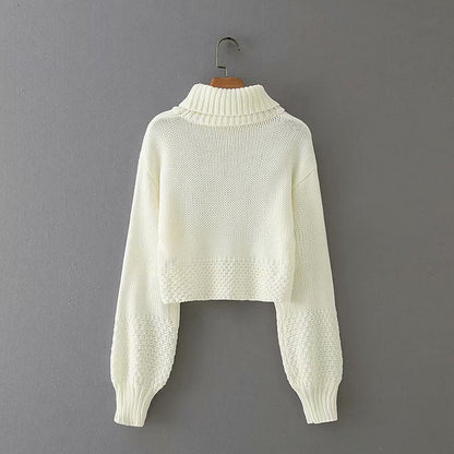 Knit Lantern Sleeve High Collar Crop Tops Sweaters