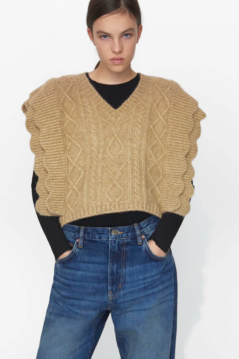 Ruffles Stripe Oversize V-neck Knit Sweater Vest