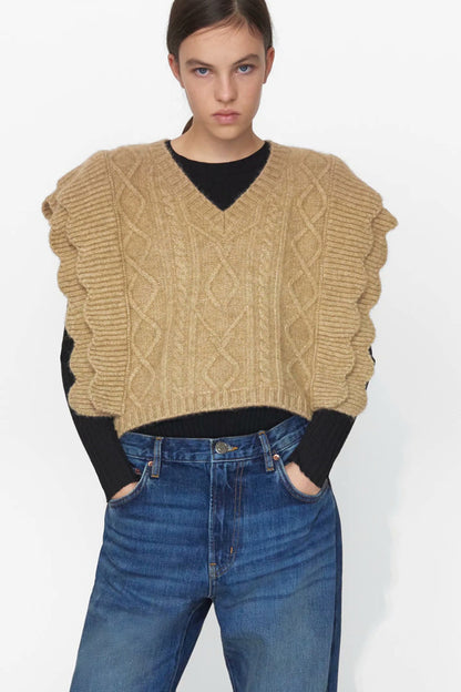 Ruffles Stripe Oversize V-neck Knit Sweater Vest
