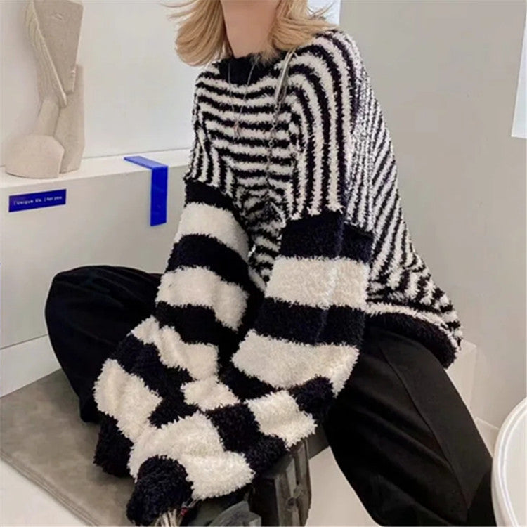 Round Collar Lantern Sleeve Stripe Knit Sweater