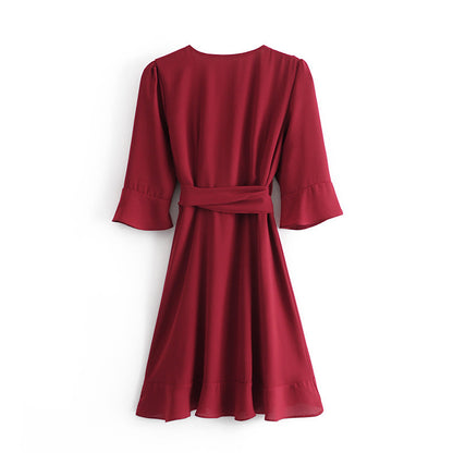 Vintage V-neck 3/4 Sleeve Ruffle Hem Tie-Waist Mini Dresses