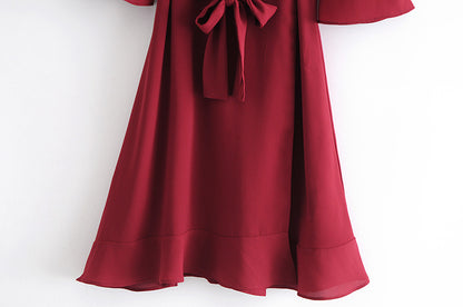 Vintage V-neck 3/4 Sleeve Ruffle Hem Tie-Waist Mini Dresses