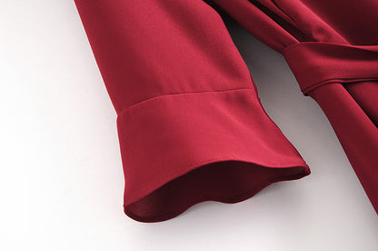 Vintage V-neck 3/4 Sleeve Ruffle Hem Tie-Waist Mini Dresses