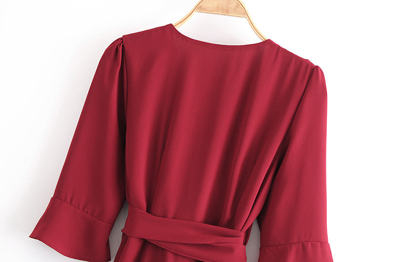 Vintage V-neck 3/4 Sleeve Ruffle Hem Tie-Waist Mini Dresses