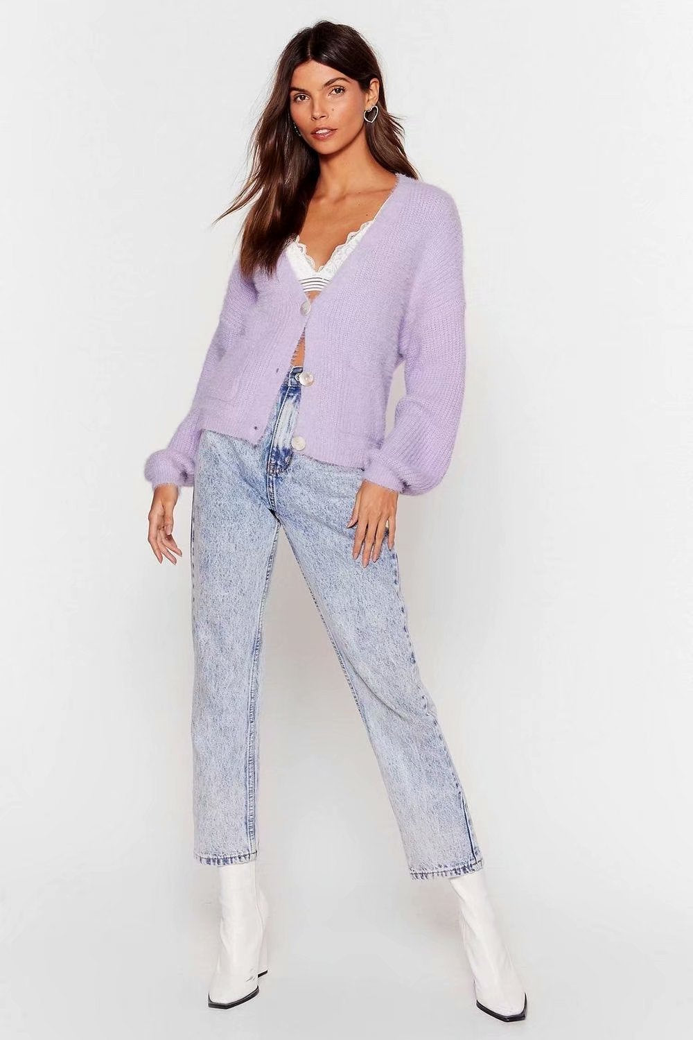 Knit V-neck Single-breasted Lantern Sleeve Cardigans