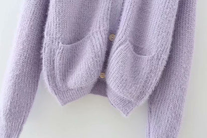 Knit V-neck Single-breasted Lantern Sleeve Cardigans