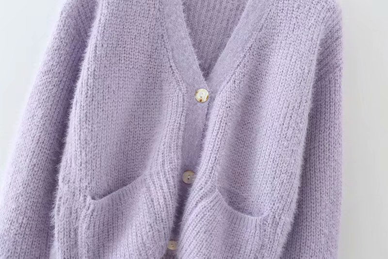 Knit V-neck Single-breasted Lantern Sleeve Cardigans