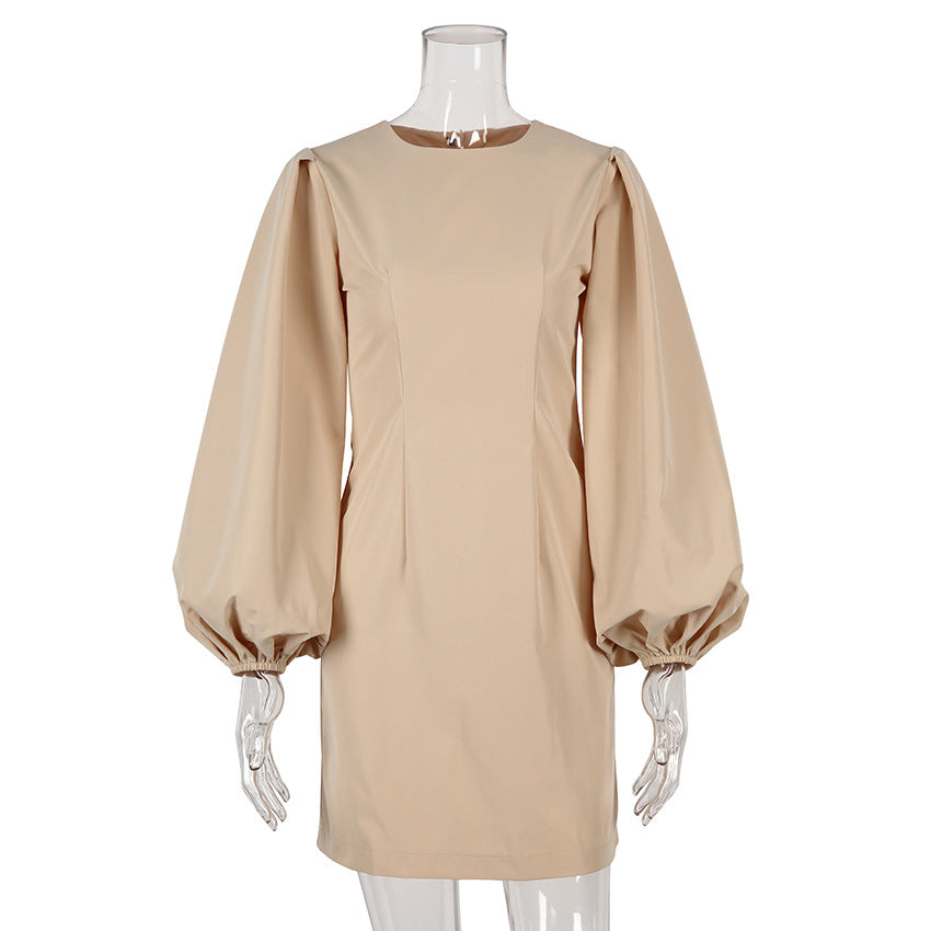 Party Zipper Lantern Sleeve Round Neck Bodycon Mini Dresses