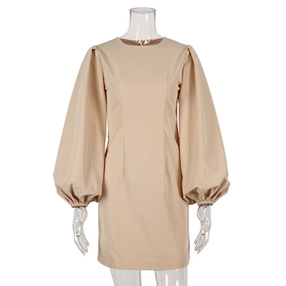 Party Zipper Lantern Sleeve Round Neck Bodycon Mini Dresses