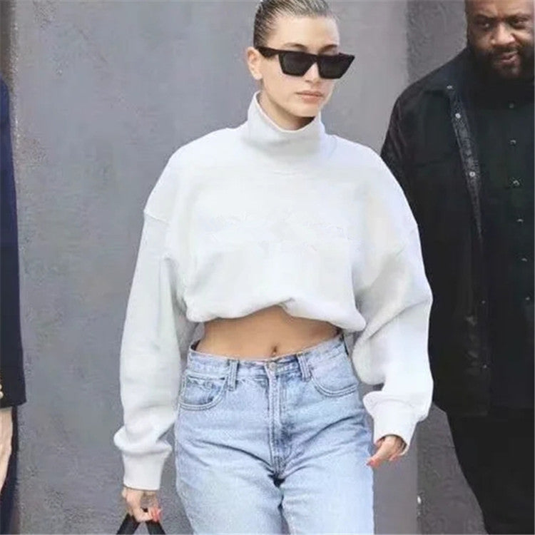 Half High Collar Elastic Waist Shirred Frill Sweatshirts