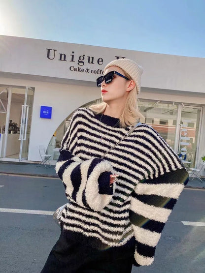 Round Collar Lantern Sleeve Stripe Knit Sweater