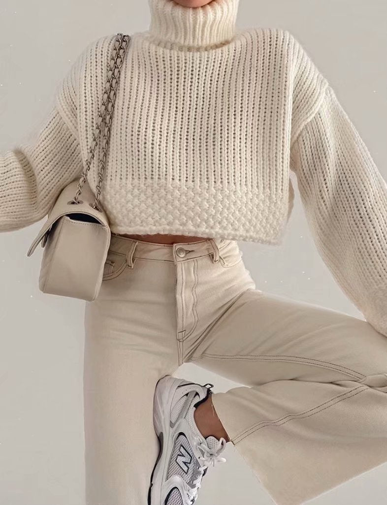 Knit Lantern Sleeve High Collar Crop Tops Sweaters