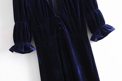 Elegant Lantern Sleeve Elastic Velvet Waist Midi Dresses