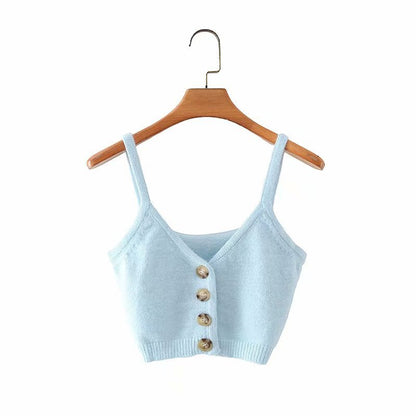 V-neck Knit Suspenders Tank Tops and Single-breasted Cardigans Two-piece Set