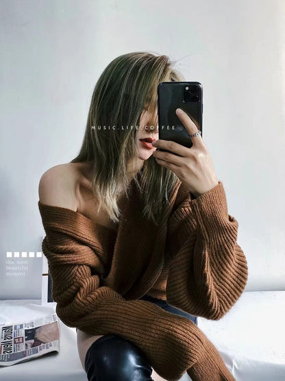 Vintage V-neck Batwing Sleeve Cross Design Knit Sweaters