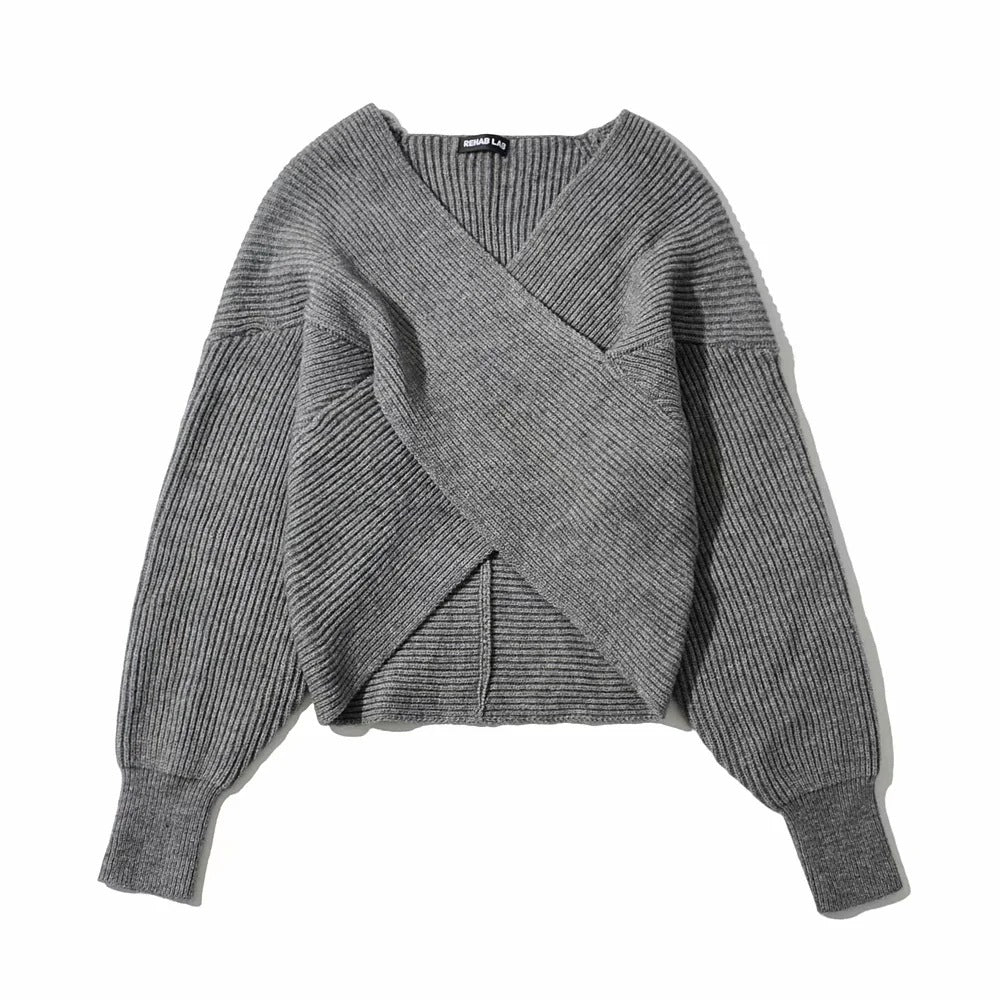 Vintage V-neck Batwing Sleeve Cross Design Knit Sweaters