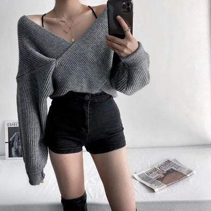 Vintage V-neck Batwing Sleeve Cross Design Knit Sweaters