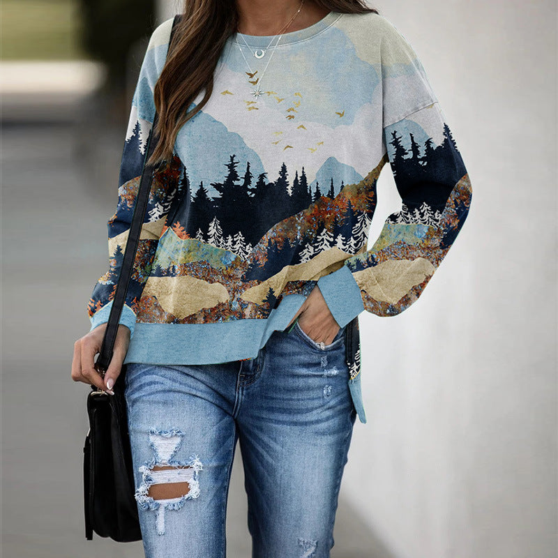 Round Neck Floral Printed T-Shirts Blouses Sweatshirts