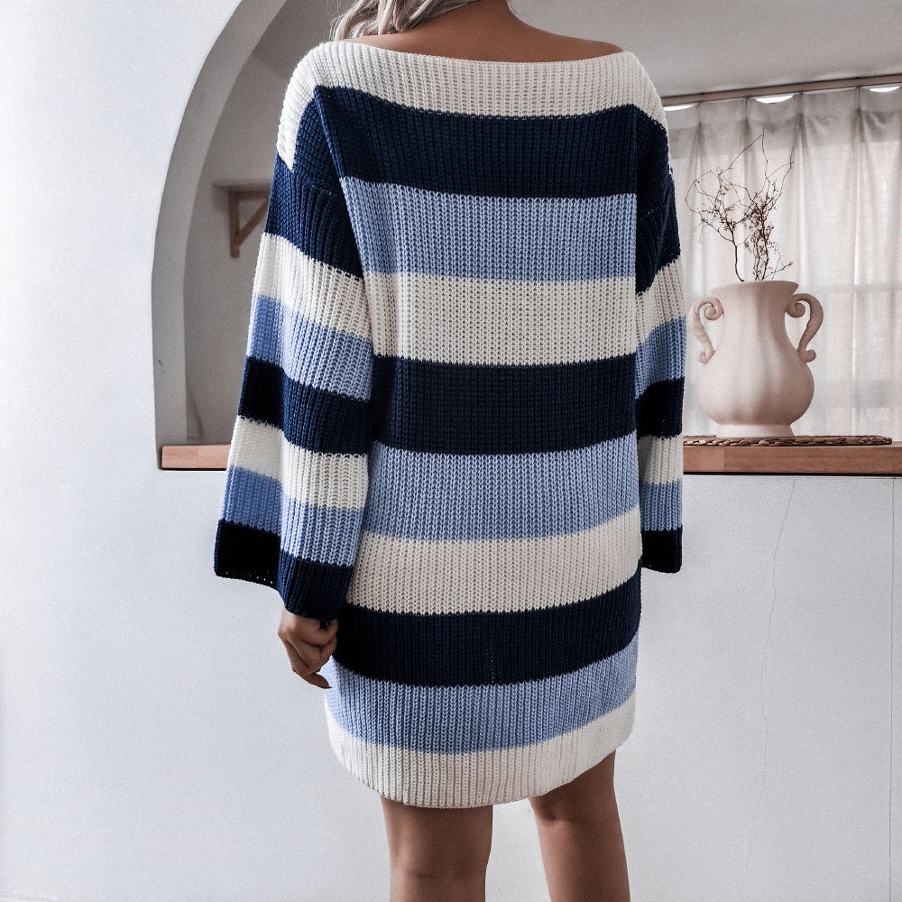 Casual One Shoulder Contrast Stripe Sweater Mini Dresses