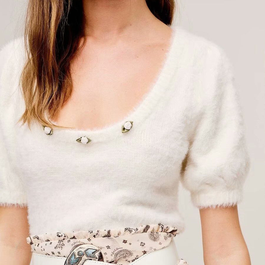 Knit Puff Sleeve Flower Decoration Sweaters