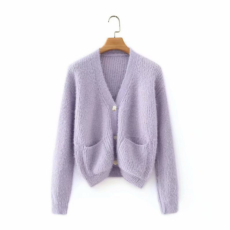 Knit V-neck Single-breasted Lantern Sleeve Cardigans