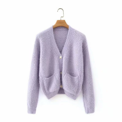 Knit V-neck Single-breasted Lantern Sleeve Cardigans