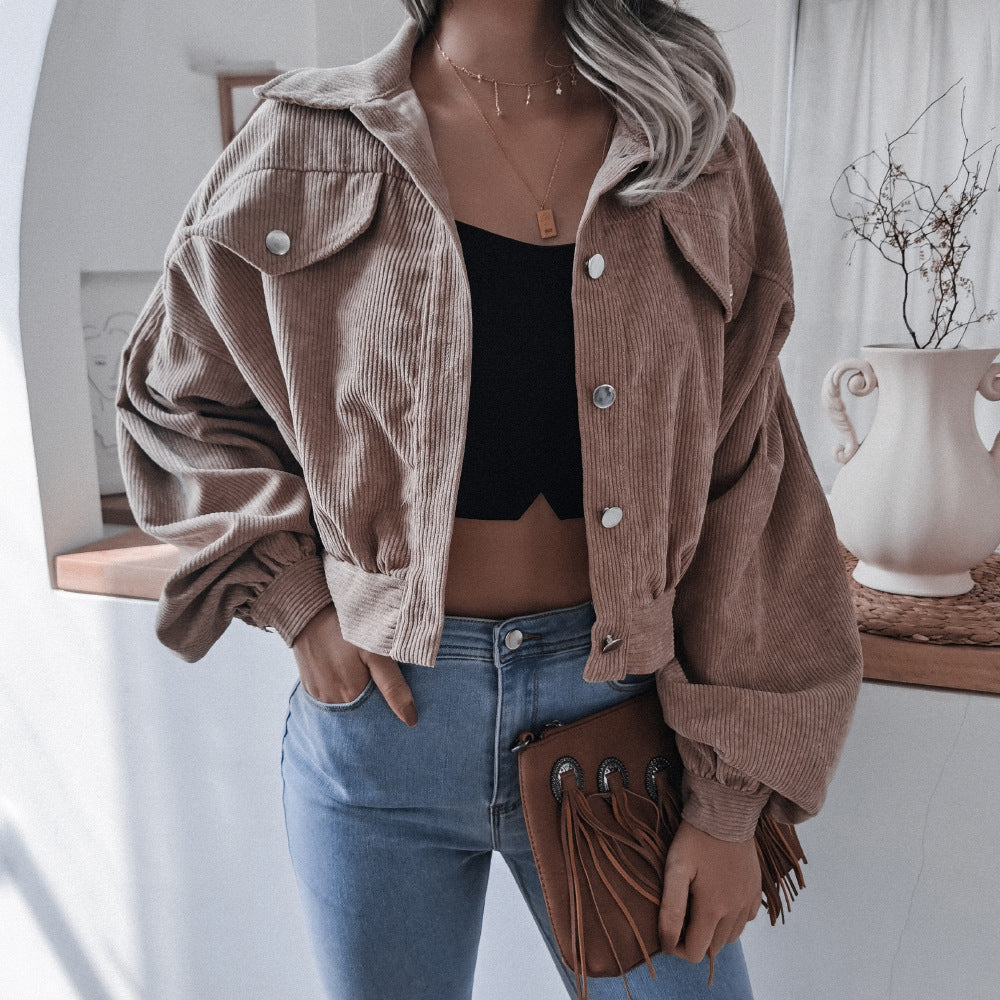 Corduroy Lantern Sleeve Single-breasted Lapel Cardigans Outerwear