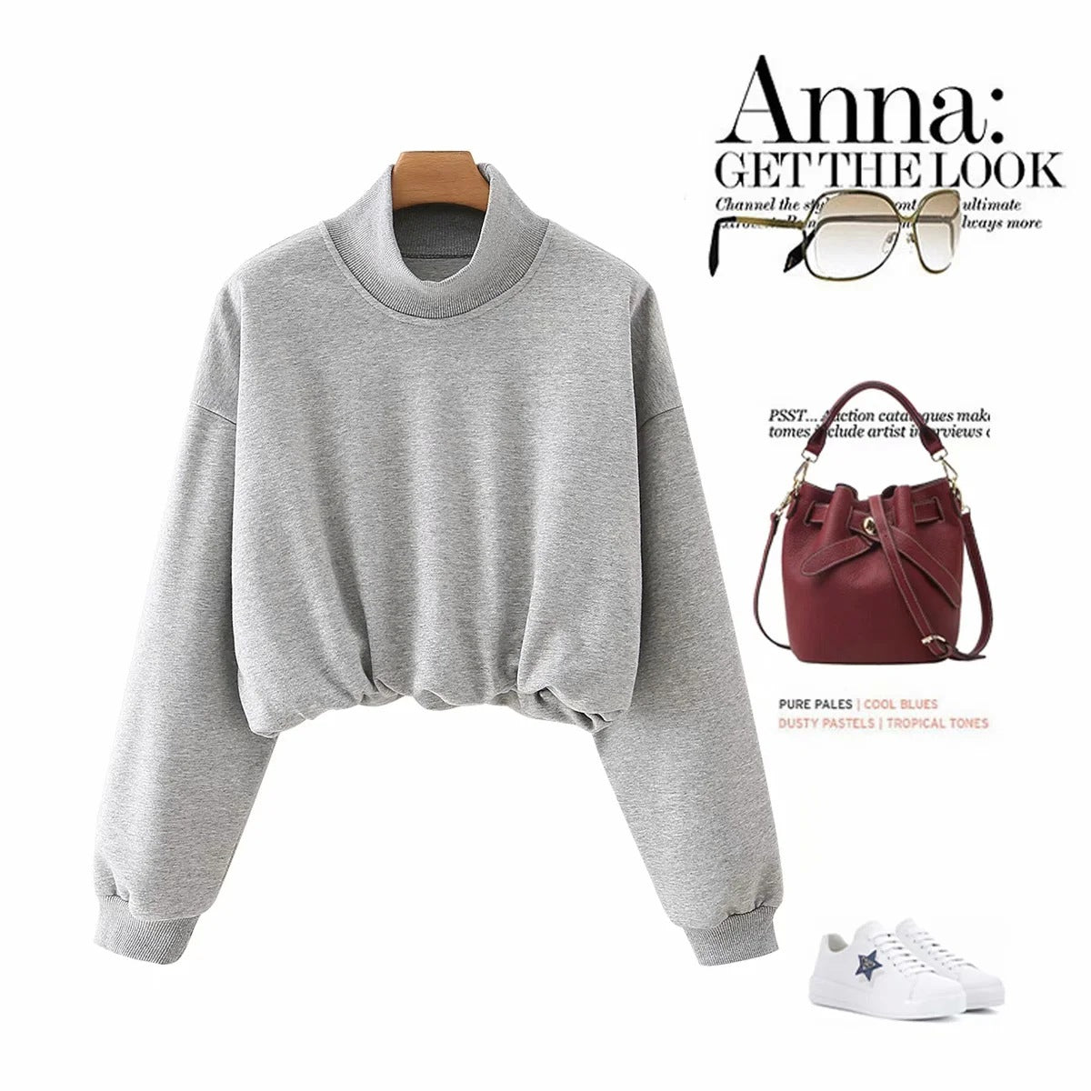 Half High Collar Elastic Waist Shirred Frill Sweatshirts