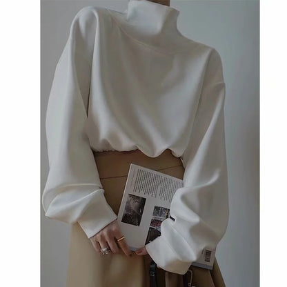Half High Collar Elastic Waist Shirred Frill Sweatshirts