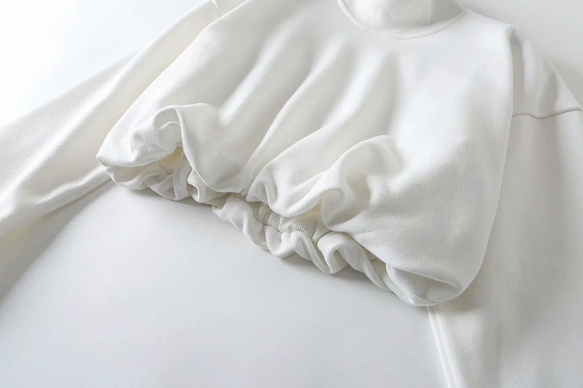Half High Collar Elastic Waist Shirred Frill Sweatshirts