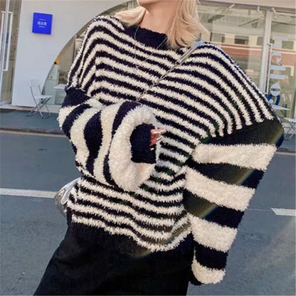 Round Collar Lantern Sleeve Stripe Knit Sweater