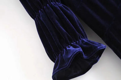 Elegant Lantern Sleeve Elastic Velvet Waist Midi Dresses