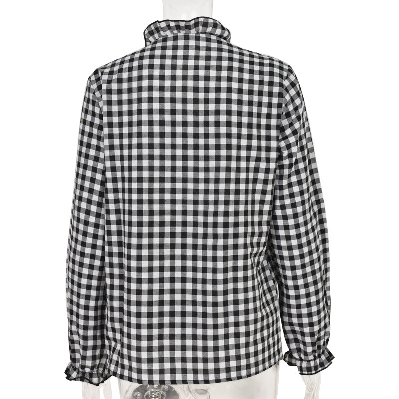 V-neck Ruffled Collar Plaid Blouse Shirts