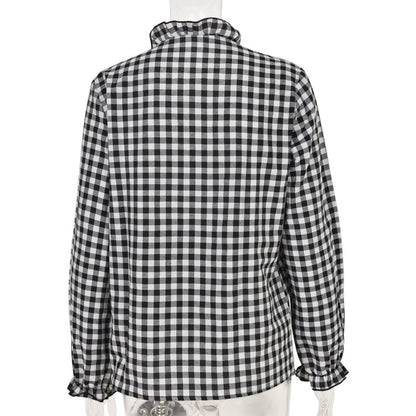 V-neck Ruffled Collar Plaid Blouse Shirts