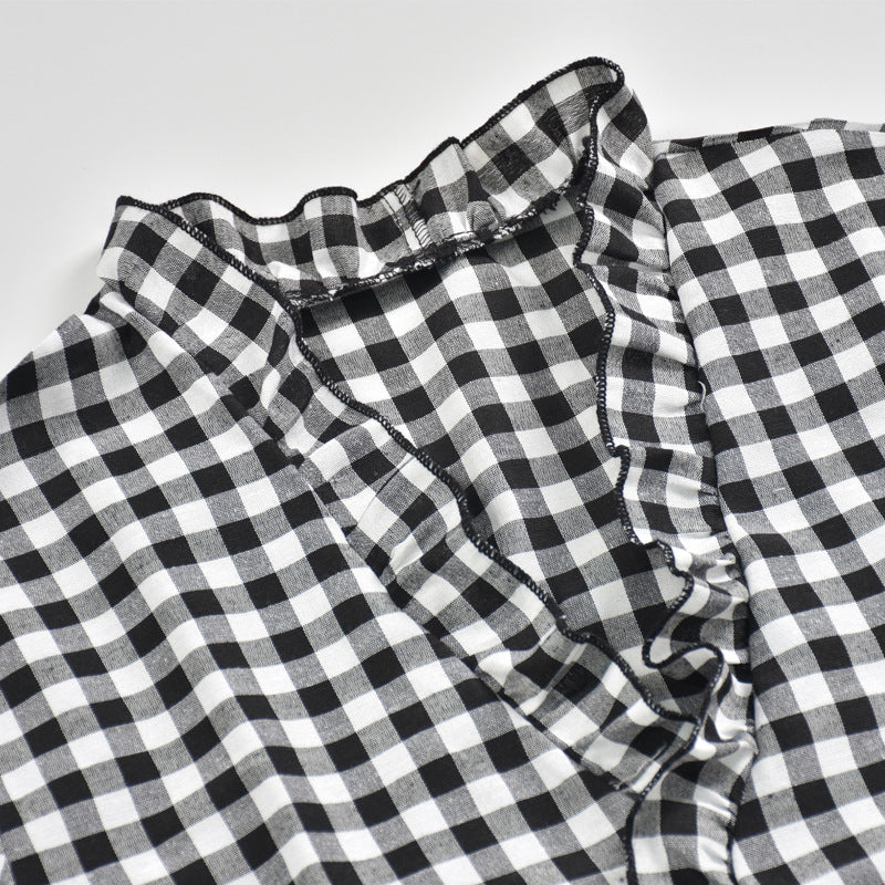 V-neck Ruffled Collar Plaid Blouse Shirts