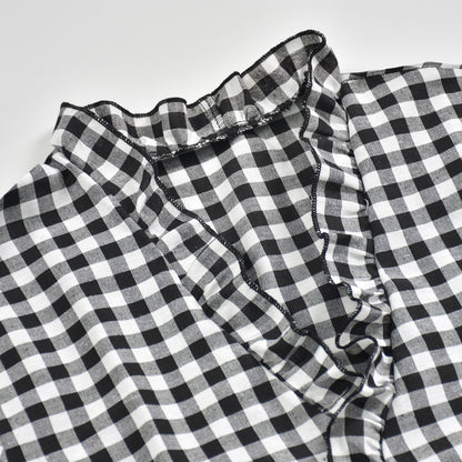 V-neck Ruffled Collar Plaid Blouse Shirts