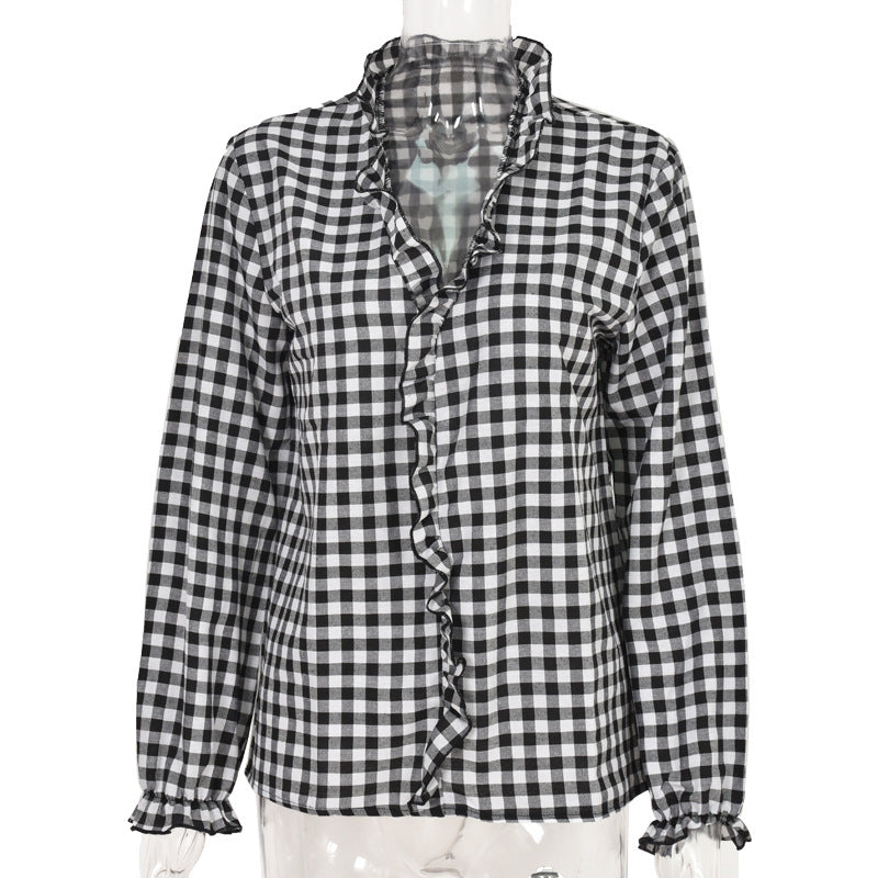 V-neck Ruffled Collar Plaid Blouse Shirts