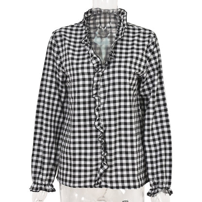 V-neck Ruffled Collar Plaid Blouse Shirts