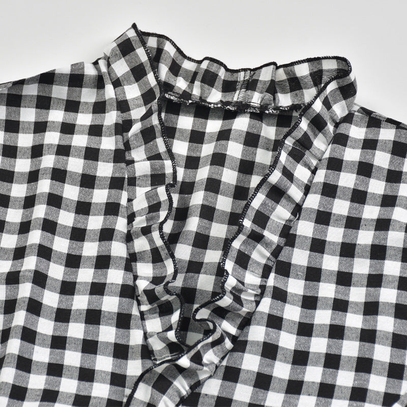 V-neck Ruffled Collar Plaid Blouse Shirts
