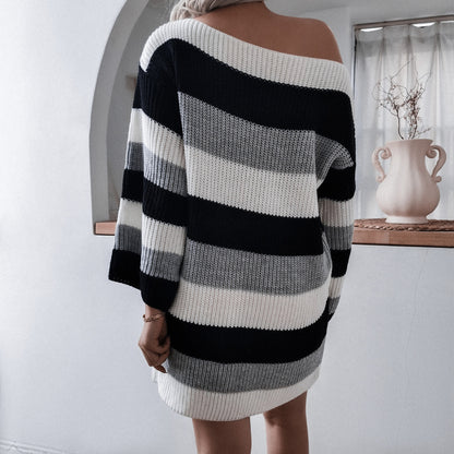 Casual One Shoulder Contrast Stripe Sweater Mini Dresses