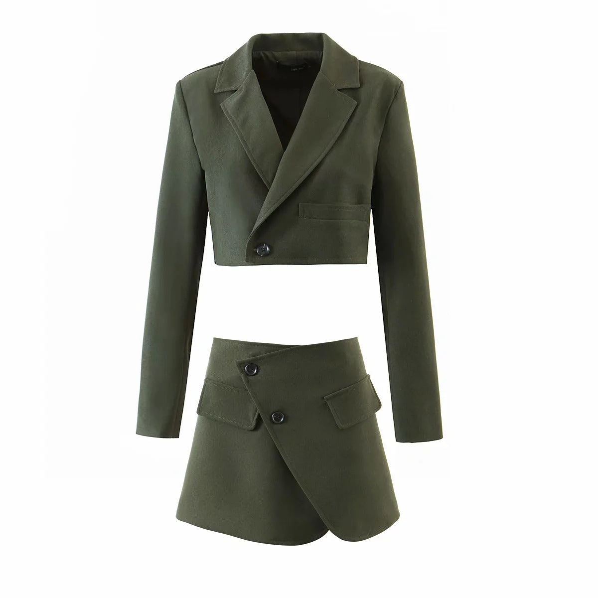 Pile Collar Lapel Blazer Skirt Two-piece Set Green