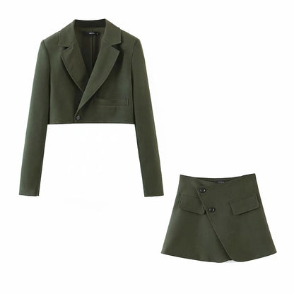 Pile Collar Lapel Blazer Skirt Two-piece Set Green